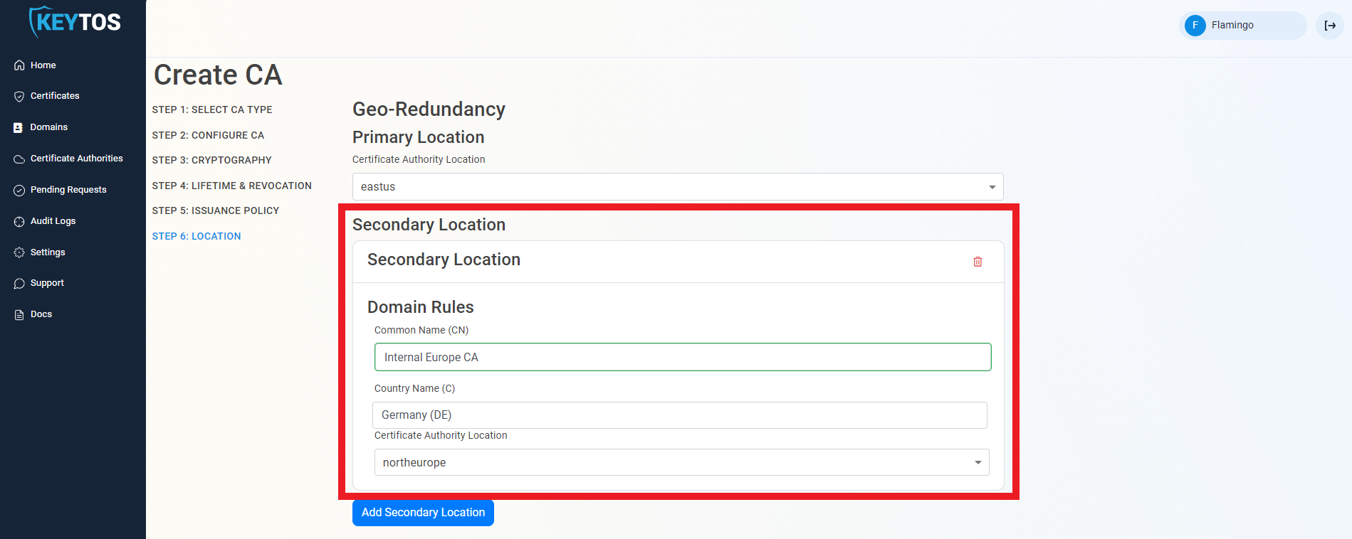 Create Secondary Location